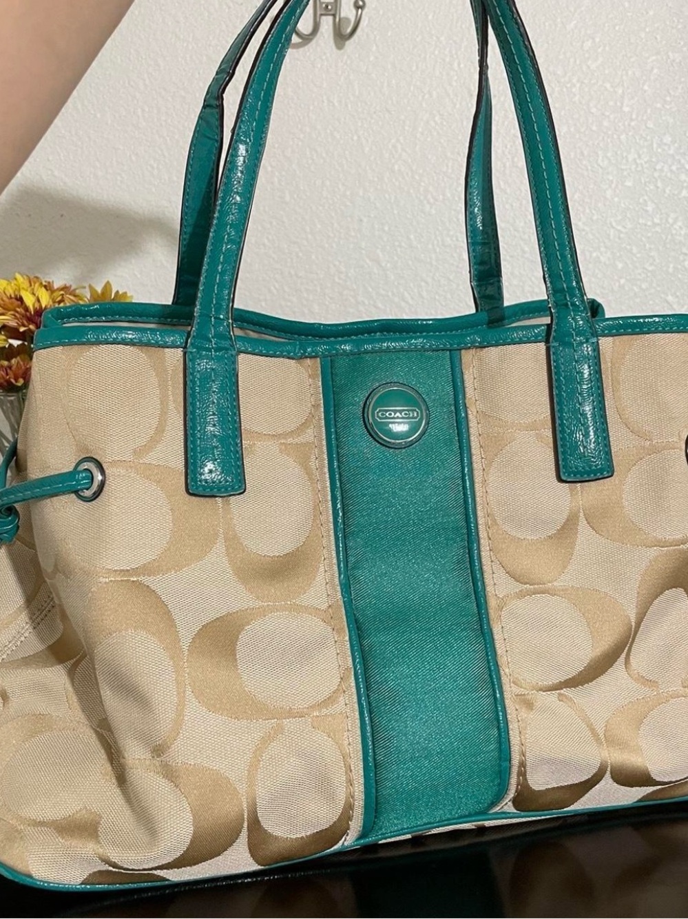 RARE Coach Teal Trim Signature Canvas Tote - Teal and Khaki